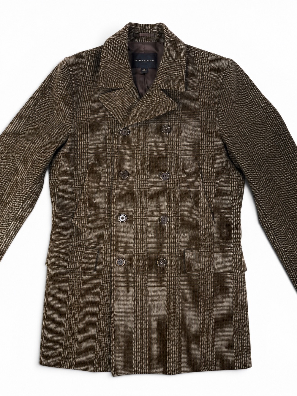 Banana Republic Heritage Brown Plaid Double Breasted Wool Peacoat M